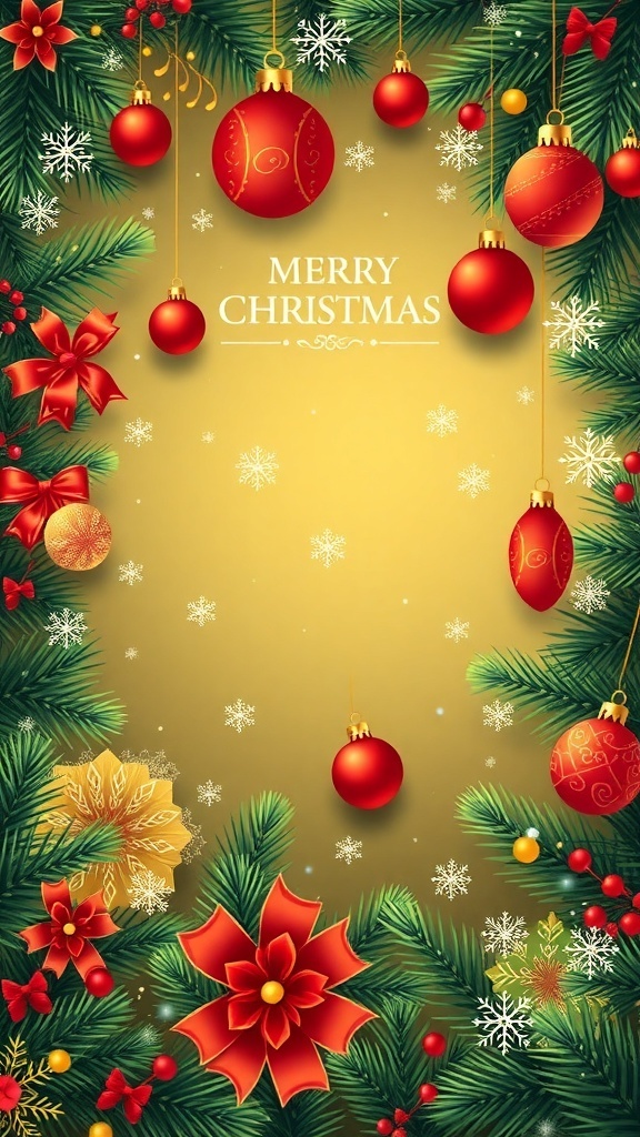 A festive Christmas vector design with trees, ornaments, and snowflakes in traditional holiday colors.